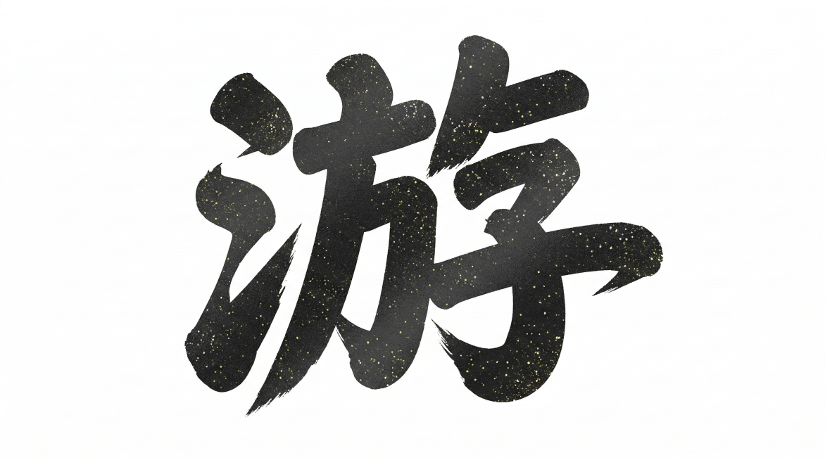 生成单个汉字"游"，保持参考图中的字体效果：黑色粗厚毛笔手写字体，带有闪亮点点纹理质感，粗笔画风格，白色透明背景，整体排版和风格和参考图保持一致预览效果