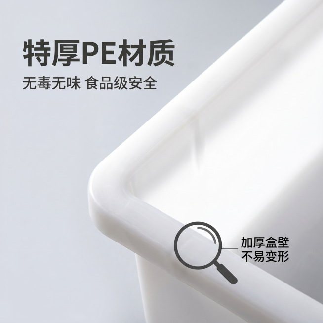 [主图 3] 白色食品收纳盒特厚PE材质细节特写，放大展示收纳盒的盒壁厚度和边角做工，使用微距特写突出特厚材质的扎实感，圆角光滑包边设计清晰呈现。[氛围风格] 品质质感特写，专业细节展示。[画质] 超预览效果