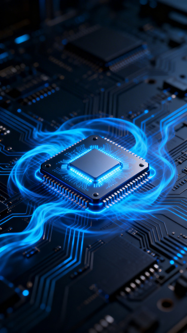 智能芯片科技风格，画面中央是一枚精密的发光智能芯片，周围环绕着流动的蓝色科技光效，背景是充满科技感的深色电路板纹理，整体氛围未来感十足预览效果