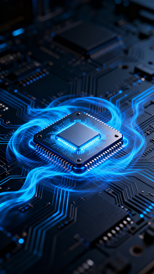 智能芯片科技风格，画面中央是一枚精密的发光智能芯片，周围环绕着流动的蓝色科技光效，背景是充满科技感的深色电路板纹理，整体氛围未来感十足