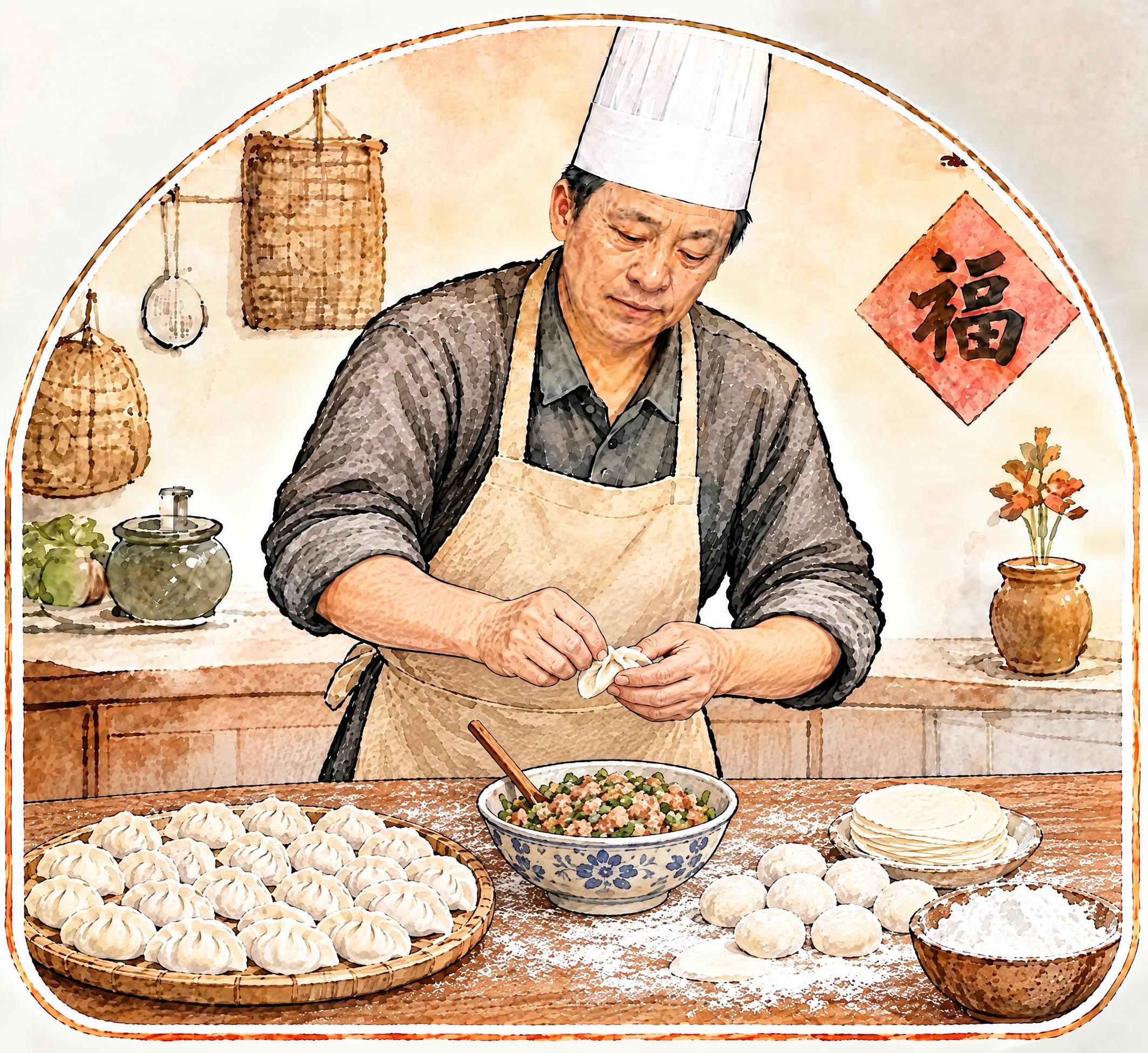 将擀饺子皮场景改为包饺子场景：去掉擀面杖，人物双手正在捏合饺子… - 图片创意预览