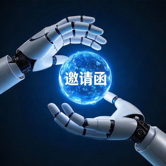 将蓝色光球内的“AI”文字替换为“邀请函”，其余画面元素保持不变预览效果