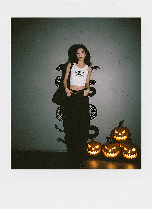 一束光射过来，主体的投影在墙壁上，投影是主体的外轮廓，加蛇元素在投影上，主体旁边加点南瓜灯装饰，拍立得拍摄效果