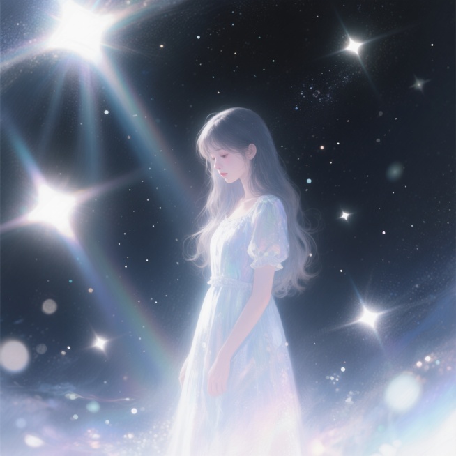 一位穿着连衣裙的长发女孩，伤感地站在黑暗的星空下，高清画质，画面氛围明亮梦幻，带有柔焦效果预览效果
