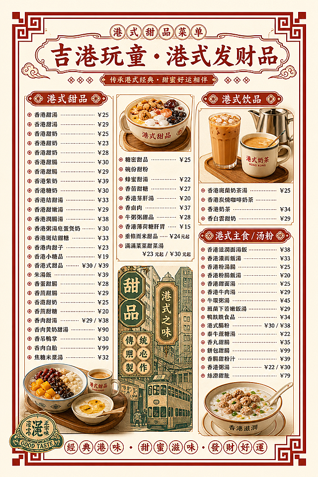 「图片1」「图片1」参考图片风格，重新生成菜单吉港玩童・港式发财品
🍮 港式甜品
香港甜汤 ¥25
香港甜汤 ¥29
香港甜奶 ¥25
香港甜奶 ¥23
香港甜奶 ¥28
香港甜腸 ¥30
香港甜腸 ¥29
香港紫奶 ¥39
香港糖奶 ¥30
香港結甜湯 ¥33
香港甜嫩湯 ¥29
香港潤腸湯 ¥38
香港粥湯皂蛋煲奶 ¥30
香港斑結甜糖 ¥33
香港肉甜子 ¥23
香港小糖品 ¥19
香港式甜品 ¥30 / ¥39
朱湯飯 ¥39
香蛋甜腸 ¥28
香煎甜腸 ¥29
香煎甜奶 ¥25
香煎甜糖 ¥20
香肉甜湯 ¥29 / ¥38
香肉黃奶甜湯 ¥90
香吊鴨掌 ¥30
香肉白胎 ¥99
焦糖米漿湯 ¥32
糖密甜品 ¥25
碗份甜粉
蜂蜜甜湯 ¥22
香茜甜糖 ¥27
香港芽肝湯 ¥20
香鹵肉 ¥37
牛粥粥甜品 ¥28
香港薄荷糖肝胃 ¥15
垂條而米甜品 ¥24 元起
滿滿菜菜甜菜湯 ¥23 元起 / ¥30 元起
🥤 港式饮品
香港斑蘭奶茶湯 ¥25
香港炭燒咖啡奶茶
香港奶茶 ¥34
香白雲甜奶 ¥29
🍚 港式主食 / 汤粉
香港滋潤面湯飯 ¥38
香港濃雨飯湯 ¥33
香港粉湯腸 ¥25
香港粉腸飯湯 ¥20
香港甜面湯 ¥25
香港牛肉湯 ¥29
牛環粥湯 ¥45
班蘭下若嫩飯湯 ¥29
鴨跌跌食品 ¥34
港式腸粉 ¥30 / ¥38
泰牛蔗糖湯 ¥22
香丸甜腸 ¥35
餅包甜腸 ¥99
香腸甜粉汁 ¥39
香港粥湯 ¥22 / ¥30
絲滑甜肚 ¥79