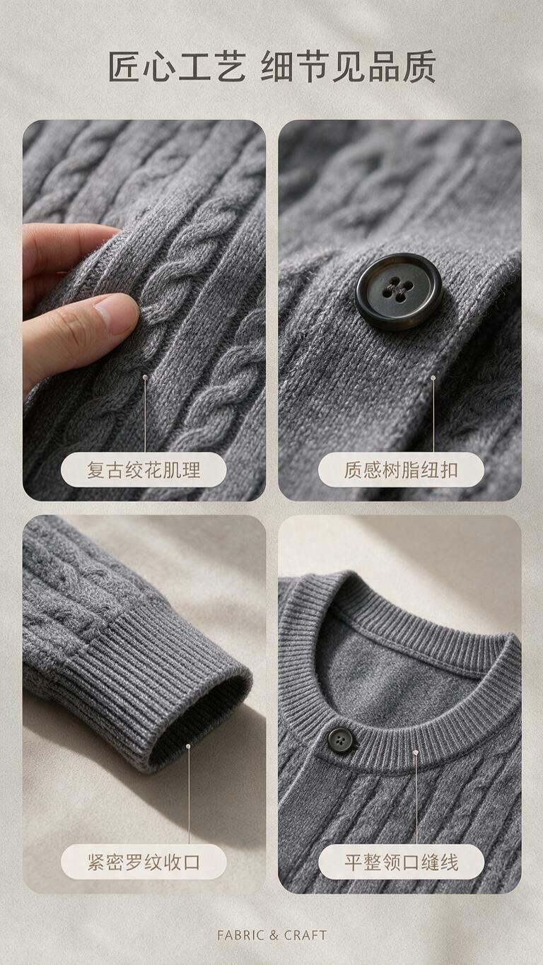 [商品] 使用【图1】男士灰色圆领绞花针织开衫；商品处理：保留… - 图片创意预览