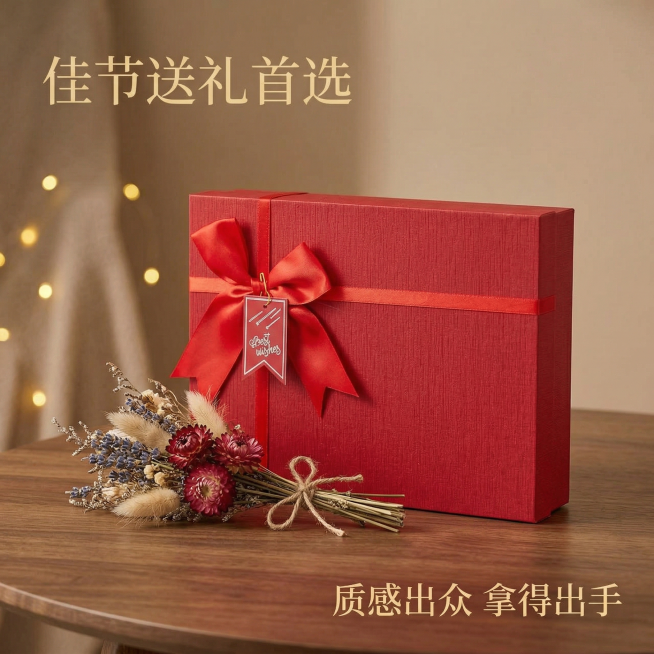 基于原图的红色丝带礼品盒，生成第四张拼多多主图，保持礼品盒外观和原图100%一致，风格直白高性价比，和前面三张风格光影统一。展示礼品盒放在高档桌面的送礼场景，礼品盒搭配一小束干花点缀，背景简约干净，营预览效果