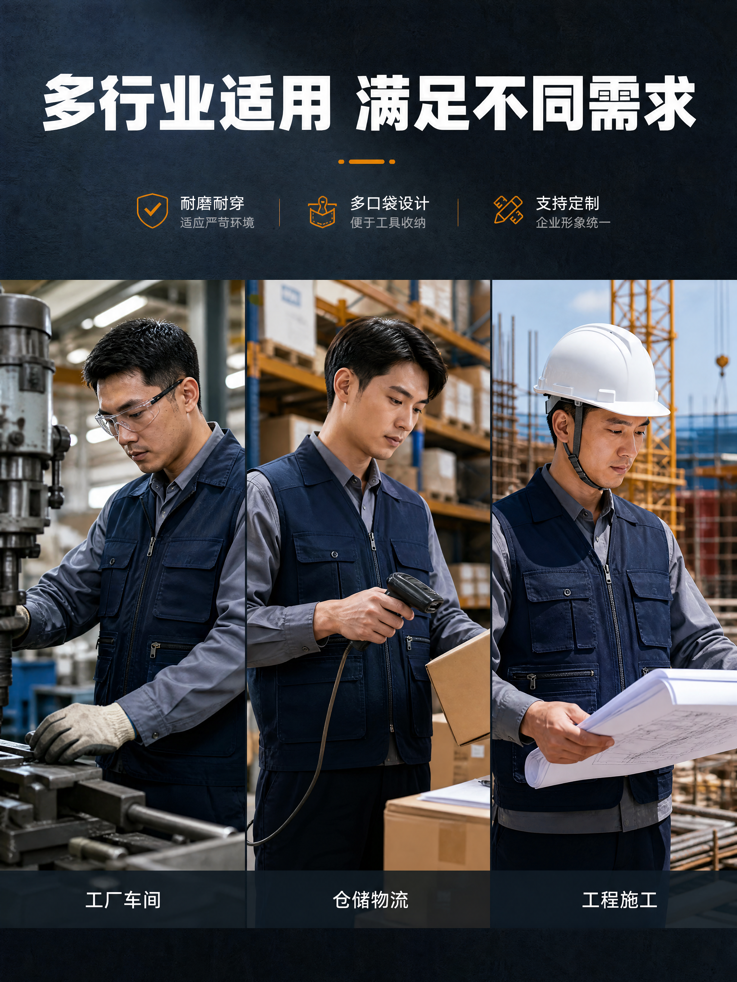 [商品] 工作服马甲定制通用模板；藏青色V领工装马甲，多口袋设… - 图片创意预览