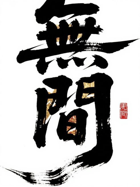 粗狂的毛笔书法字体“無間”，书法大家风格，大气磅礴，笔触带有飞白和拖笔效果，右下角有红色印章，字体局部点缀彩金，断触笔触自然，背景为纯白色，整体简洁干净预览效果