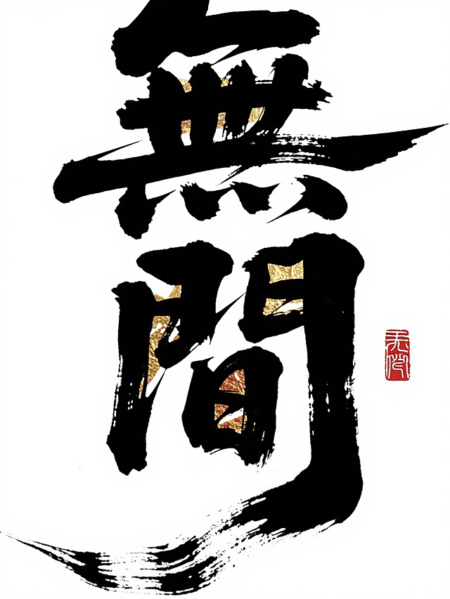 粗狂的毛笔书法字体“無間”，书法大家风格，大气磅礴，笔触带有飞白和拖笔效果，右下角有红色印章，字体局部点缀彩金，断触笔触自然，背景为纯白色，整体简洁干净
