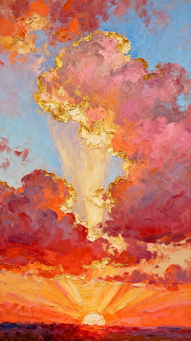 印象派油画风格的日落天空，画面中充满了厚重而富有层次感的笔触，巨大的云彩被夕阳染成温暖的橙红色和柔和的粉色，云层边缘泛着明亮的金黄色光芒，天空呈现出从底部的深橙色逐渐过渡到顶部的淡蓝色的渐变效果，阳光从云层的缝隙中洒落，形成一道道金色的光线，整个画面营造出一种宁静而壮丽的氛围，色彩浓郁而和谐，笔触奔放而富有动感，展现出印象派特有的光影变化和色彩捕捉能力，天空占据整个画面，云彩分布错落有致，底部地平线处有明亮的太阳光芒，光线向四周散射，色彩过渡自然柔和，具有油画特有的颜料堆积质感和丰富的色彩肌理。