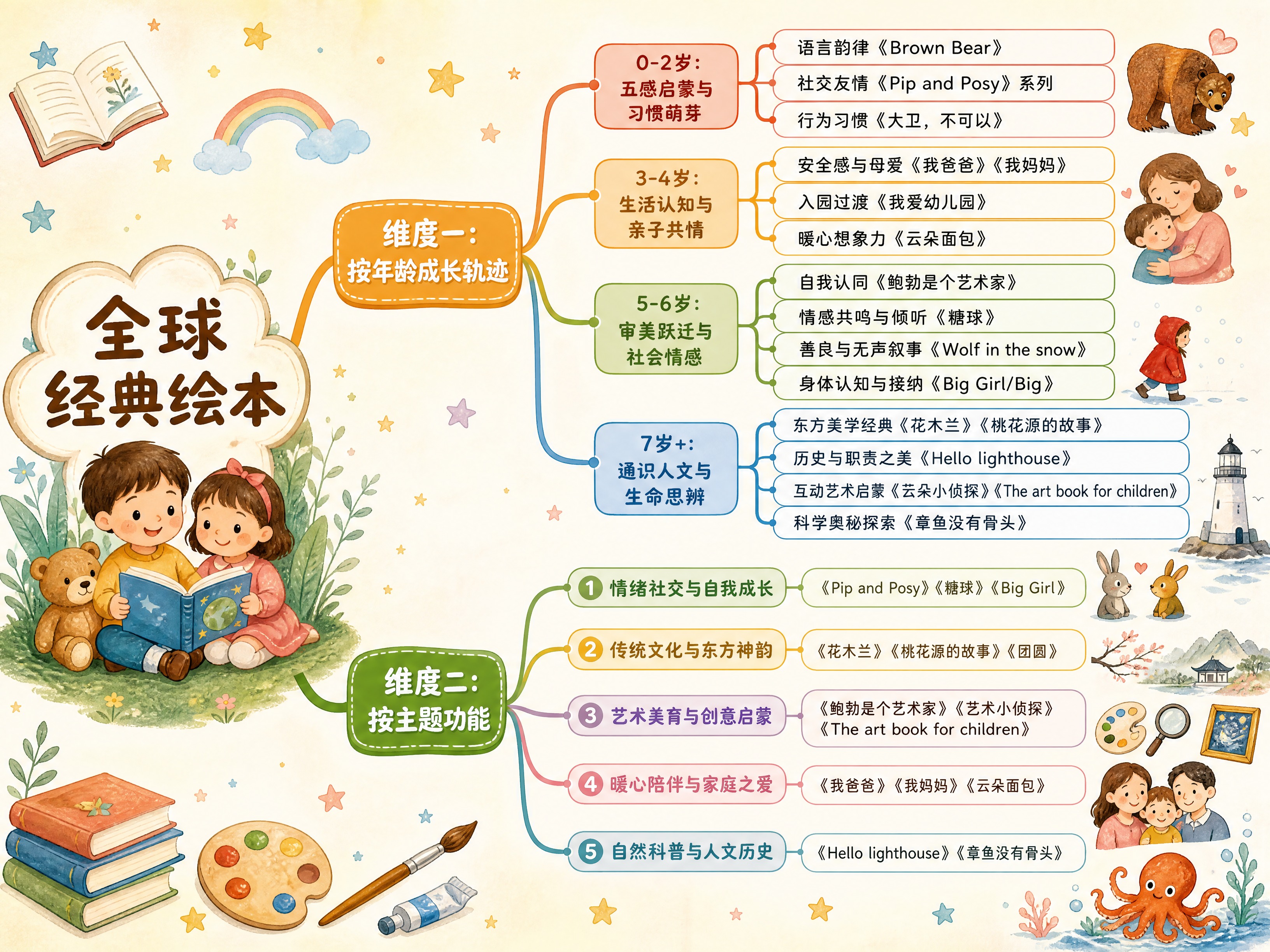一张精美的横向思维导图，主题为"全球经典绘本"，采用清新温暖的… - 图片创意预览