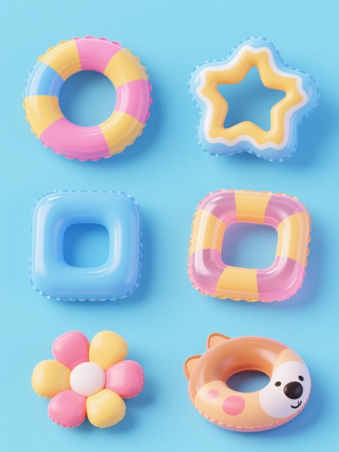 六个不同造型的充气游泳圈系列素材集合，每个游泳圈均保持3D立体风格、光滑塑料质感和明亮高光表现，整体采用纯色背景，第一个为蓝粉黄相间的经典圆环造型，第二个是带有波浪边缘的圆形游泳圈，第三个为星形充气游泳圈，第四个是方形带圆角的游泳圈，第五个是花朵形状的游泳圈，第六个是动物头像造型的游泳圈，每个游泳圈色彩方案各不相同，整体呈规整的2x3网格排布，画面简洁明快，充满夏日活力。预览效果