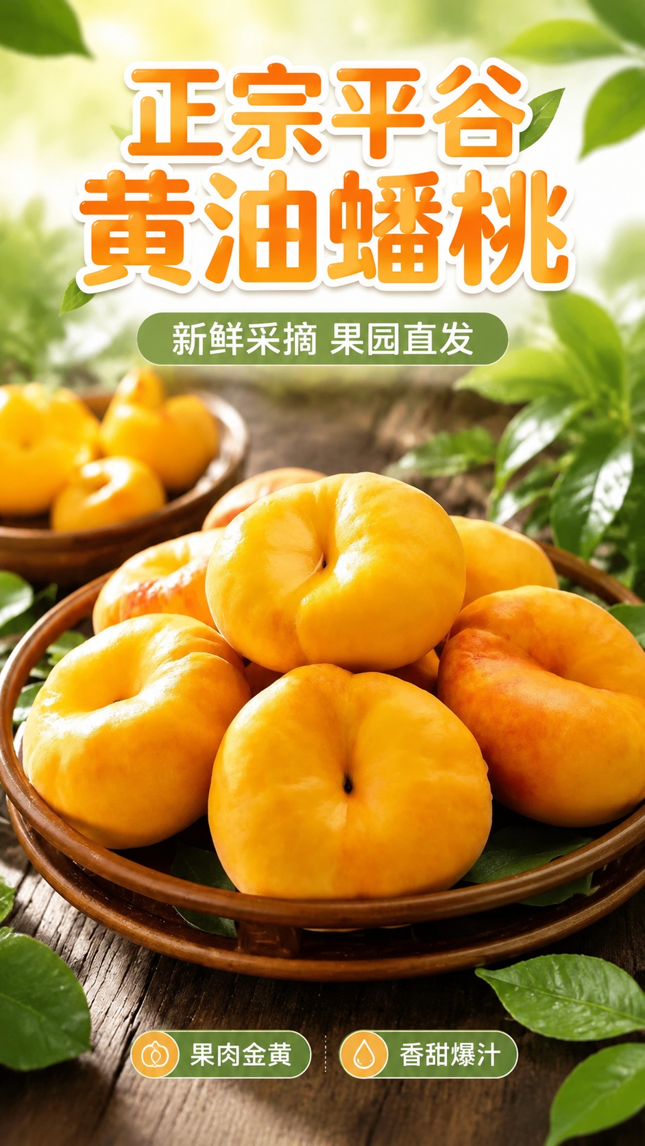 [第1屏] 详情页头图-正宗平谷黄油蟠桃宣传海报，本屏使用【图… - 图片创意预览