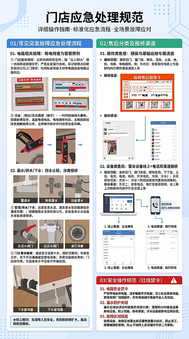 根据这张门店应急处理规范海报，生成可编辑版本的模板，保留原海报所有文字内容、排版布局、颜色设计和图片位置，生成矢量风格可编辑海报模板