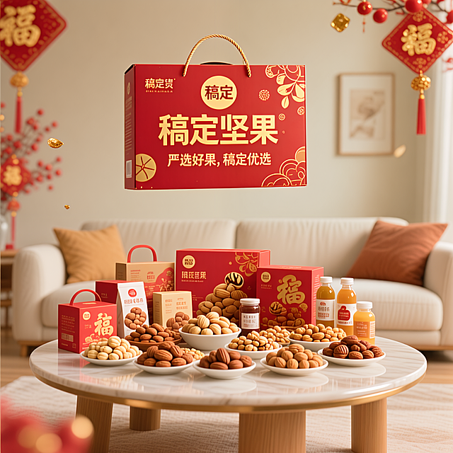 电商主题海报，纯画面图，不需要添加文字；核心元素：年货组合（坚果礼盒，饮品，商品名称稿定坚果，商品品牌为稿定，商品宣传为严选好果，稿定优选）；背景：春节氛围下的奶油风客厅内茶几上摆放着年货组合；背景奶油风室内客厅。构图：年货组合居画面中下部作视觉焦点，前面坚果摆盘丰富，紧凑，茶几上作新春装饰环绕烘托氛围，视觉热闹且突出产品。感饱满（年货包装细节、装饰元素光泽、背景氛围），传递热闹年味。产品之间的距离紧凑、丰富，种类多；画面背景简约，颜色色系统一；画面色彩：正红 + 鎏金 + 坚果暖棕为主，色调浓郁喜庆。拍摄角度：低角度，以坚果礼盒为视觉中心。背景提亮，背景虚化。包装盒只保留品牌名和品牌名称和宣传语，