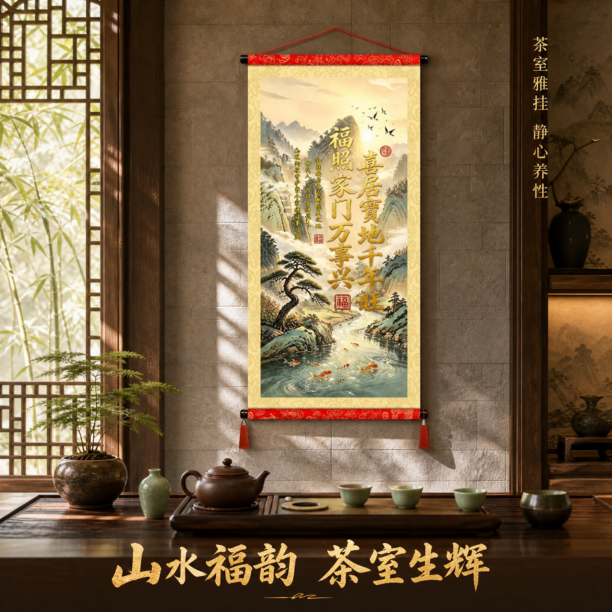 [主图-3] 山水福字书法卷轴挂画 茶室场景悬挂效果图。 [统… - 图片创意预览