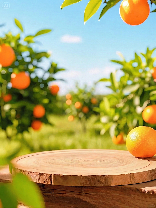 去掉图片中中间的橙汁瓶，保留右侧完整橙子，保持原木切片、橙子园背景的光影和风格不变，干净自然填充移除后的区域