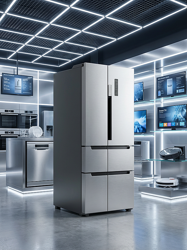 未来感与科技感交融的3D工业风厨房，重拟物金属质感冰箱居中，冷光线条勾勒空间，展现智能家电的极致美学。