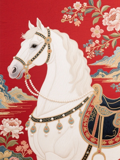 主体是白色骏马（装饰珍珠缰绳、华丽鞍具），背景含大量中国风花卉元素和山水，迷幻，意识流，纯红色背景预览效果