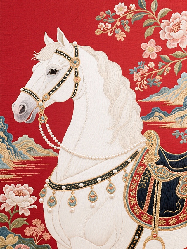 工笔风白骏马，刺绣工艺精雕细琢，红底金线勾勒山水花枝，极繁主义呈现中式奢华，典雅唯美，尽显古典韵味。
