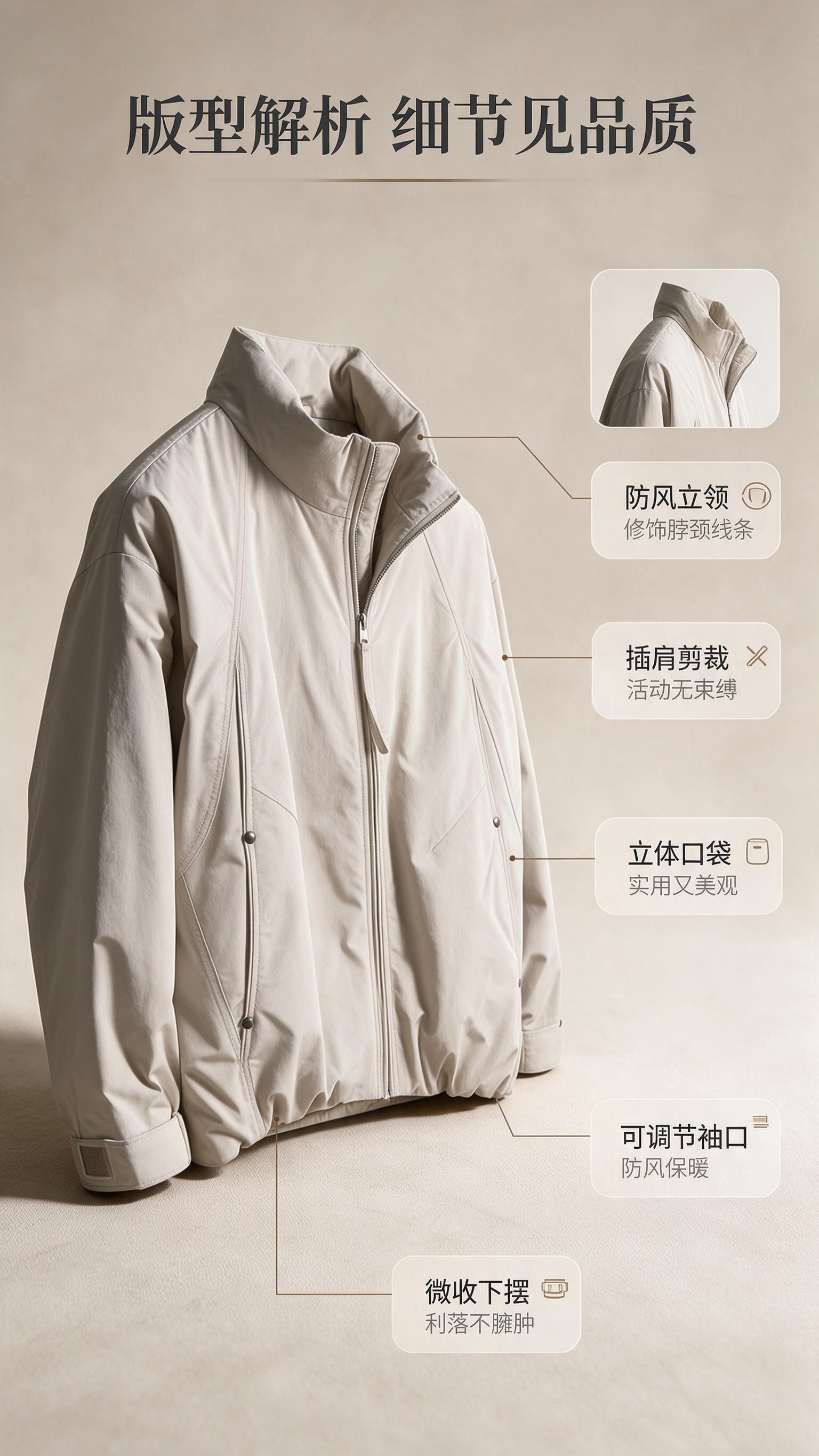[商品] 使用【图1】浅米色立领宽松夹克；商品处理：保留立领、… - 图片创意预览