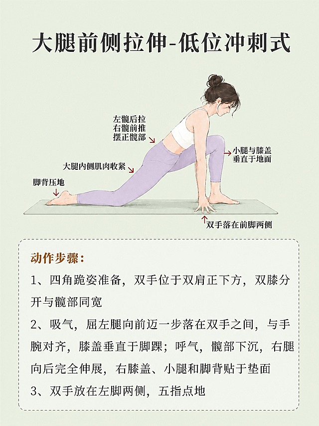 将背景改为淡绿色，人物服装统一为白色运动背心+浅紫色瑜伽裤，人物发型脸型与第一张图一致（丸子头、同款女性形象），保留原图所有文字内容、标注箭头、动作步骤文字和排版布局，瑜伽垫颜色调整为浅灰绿色，整体风格为清新手绘插画风格，画面干净整洁