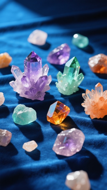 阳光下，造型各异的彩色水晶簇与原石散落在深蓝色天鹅绒布上，水晶棱角分明，折射出耀眼光芒，呈现出透明、紫色、绿色、橙色等多种色彩，表面光滑有光泽，背景为纯净的深蓝色，水晶底部有细微的阴影，整体画面色彩鲜明，光影效果突出，具有高清晰度和细腻质感。预览效果