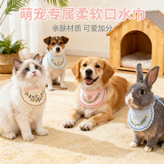 宠物口水巾的淘宝产品宣传图，搭配不同种类的宠物展示，展示可爱口水巾的产品细节，画面干净清新，适合电商展示，突出产品柔软舒适的材质，放置在温馨的宠物场景中，产品清晰美观预览效果