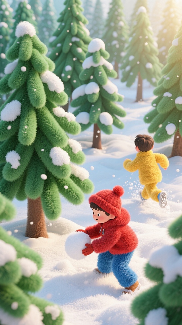 一片冬日森林场景，森林里有大量高大的松树，松树上有雪堆积，一个小孩在森林当中扔雪球，另一个在前面快速奔跑，正面高空俯拍视角