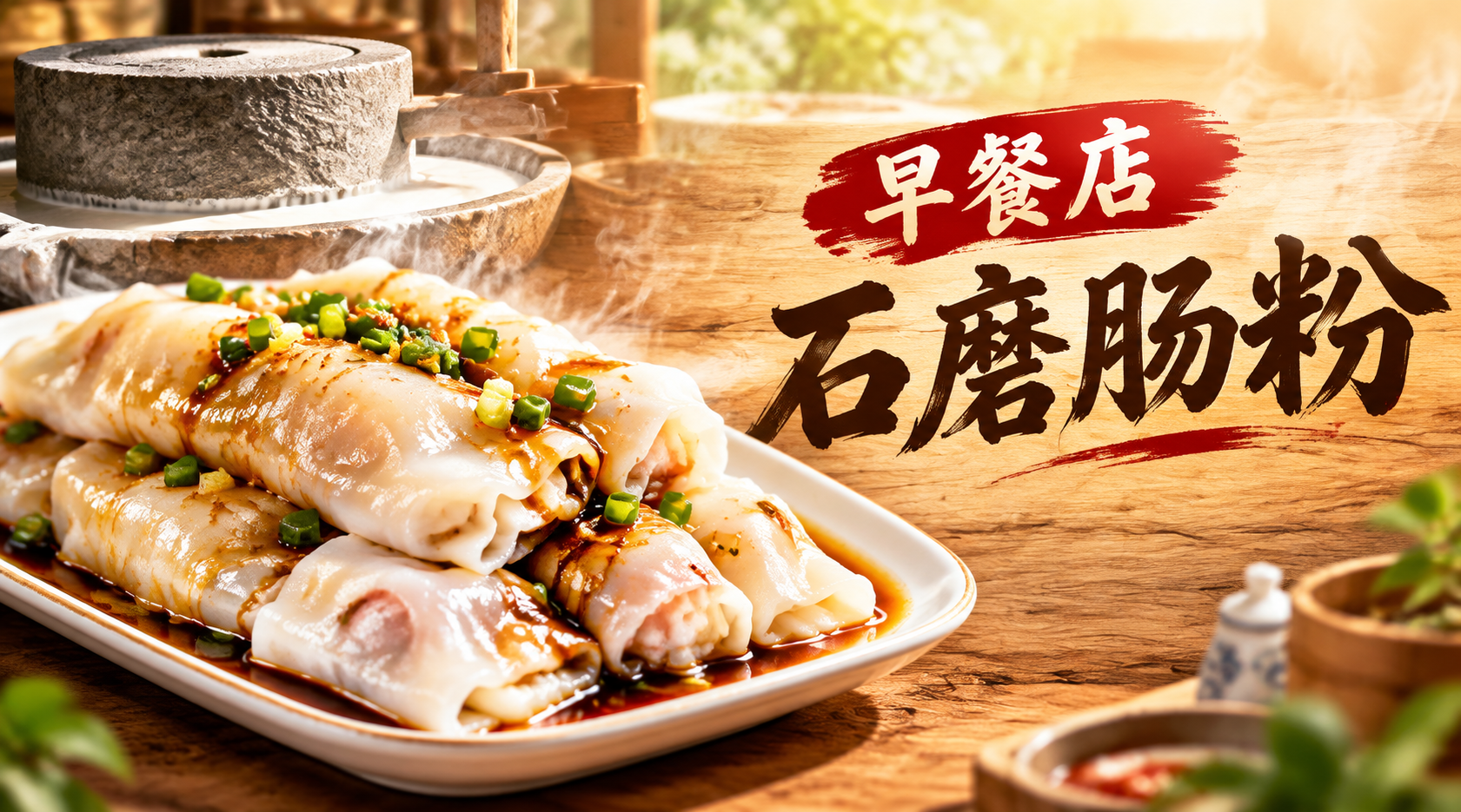 早餐店石磨肠粉店招设计，写实风格，横版构图，画面左侧是热气腾腾… - 图片创意预览