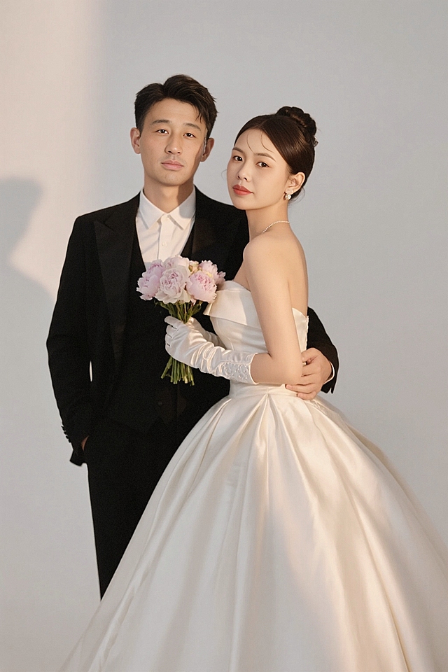 棚内婚纱全身照；男左女右，男生穿黑色西装白色衬衫；女生盘发穿缎面巨大裙摆婚纱，戴缎面手套，手拿芍药手捧花；男生搂着女生；白色背景，一束暖色灯光，看镜头。