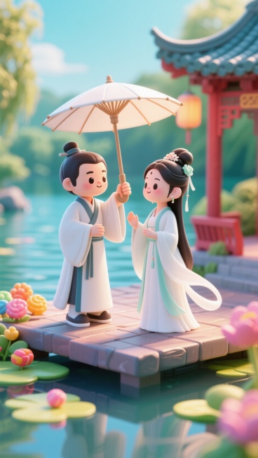 以「现代立体国潮」为基调，将传统七夕符号进行3D化重构，结合C4D的材质光影表现传统文化。许仙和白娘子在西湖约会，白娘子撑伞，带动视觉动势预览效果