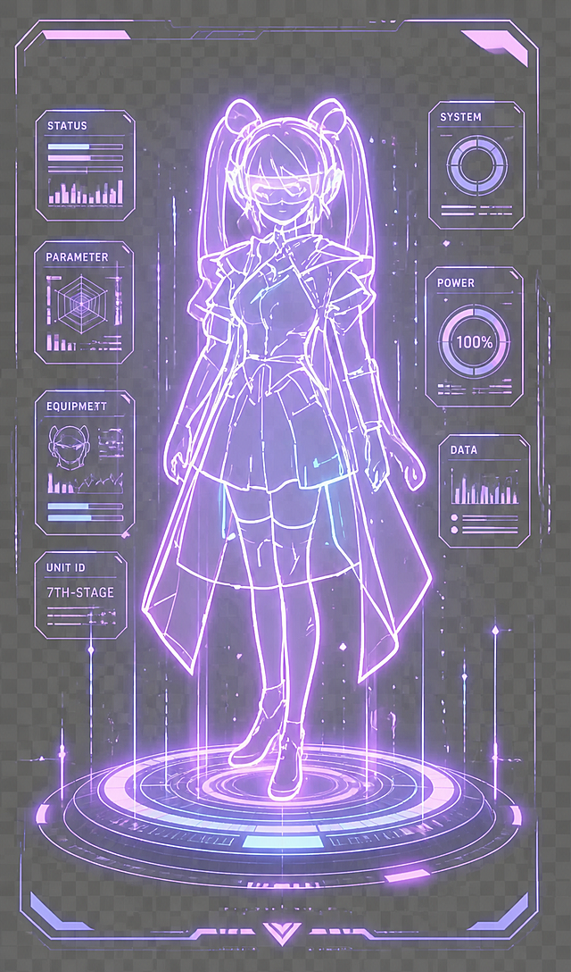 同一个双马尾少女，第7阶段：叠加头部机甲头盔，矢量发光线稿风格，紫粉渐变霓虹光效，四周HUD数据UI面板，悬浮光柱，圆形科技底座，透明背景平面图形，线条精简干净，适合产品贴图，全身正面站立姿势