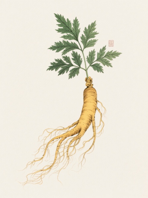 中国传统手绘插画风格，单一人参元素图案，规整排布于纯色背景上，无任何文字、logo及水印。人参主体呈自然弯曲形态，根部须状根细密舒展，表面有自然纹理，顶部带绿色羽状复叶，叶片边缘有细小锯齿，叶脉清晰，整体色彩为暖黄色根茎搭配深绿色叶片，线条流畅细腻，具有传统水墨画的韵味和植物图鉴的写实感，构图简洁平衡，突出人参的形态美感和自然属性。预览效果