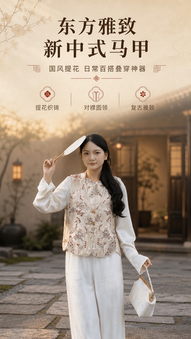 [商品] 使用【图1】新中式米杏色提花马甲，内搭白色长袖衬衫、… - 图片创意预览