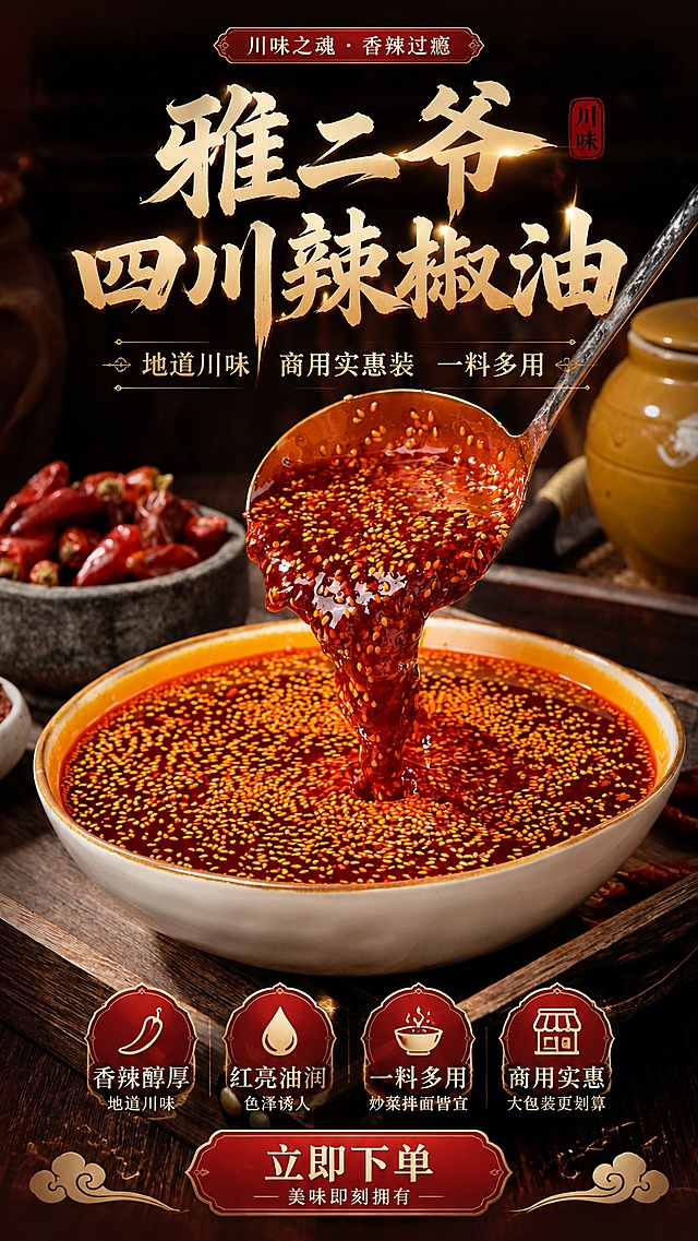 [第14屏] 收尾转化屏，展示成品红油辣椒油，引导下单。本屏使用【图5】作为产品主体展示。
[氛围/风格] 食欲收尾，浓郁川味氛围，国风收尾排版，商业美食摄影质感。
[元素布局] 本屏使用【图5】大碗红油辣椒油作为背景主体，占比约80%，文字放在上方和下方，主体辣椒油色泽红亮，芝麻颗粒清晰，保留质感和结构。
[光影质感] 柔和侧光，突出红油光泽，整体明暗层次自然，食欲感强。
[配色色系] 全局深棕色背景，主文字米黄色，搭配红色点缀，整体和产品色调统一。
[视角构图] 竖向居中，辣椒油大碗占主体，文字上下分布，重心稳定。
[文字版式] 上方主标题「雅二爷四川辣椒油」，下方副标题「地道川味 商用实惠装 一料多用」，字体风格保持统一书法风格，文字清晰不遮挡辣椒油主体。
[比例分辨率] 9:16 竖版比例，4K分辨率，文字清晰可辨，高清画质。
[负向提示词] 辣椒油变形，文字错乱，文字过小，颜色偏差，背景杂乱，产品模糊