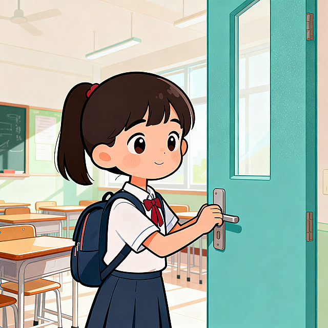 Modern flat animation style, bright soft pastel tones, a bit of noise texture, cute cartoon elementary school students, bright clean cartoon classroom, medium shot, clean lines, high detail, no complex background, no text. A little girl gently closes the classroom door