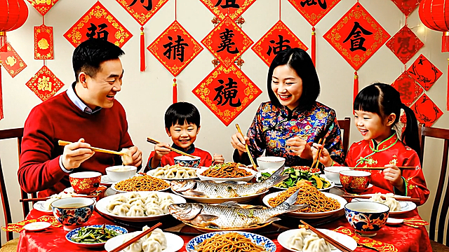 帮我生成一个过年喜庆视频，要有小孩跟爸爸妈妈一起
