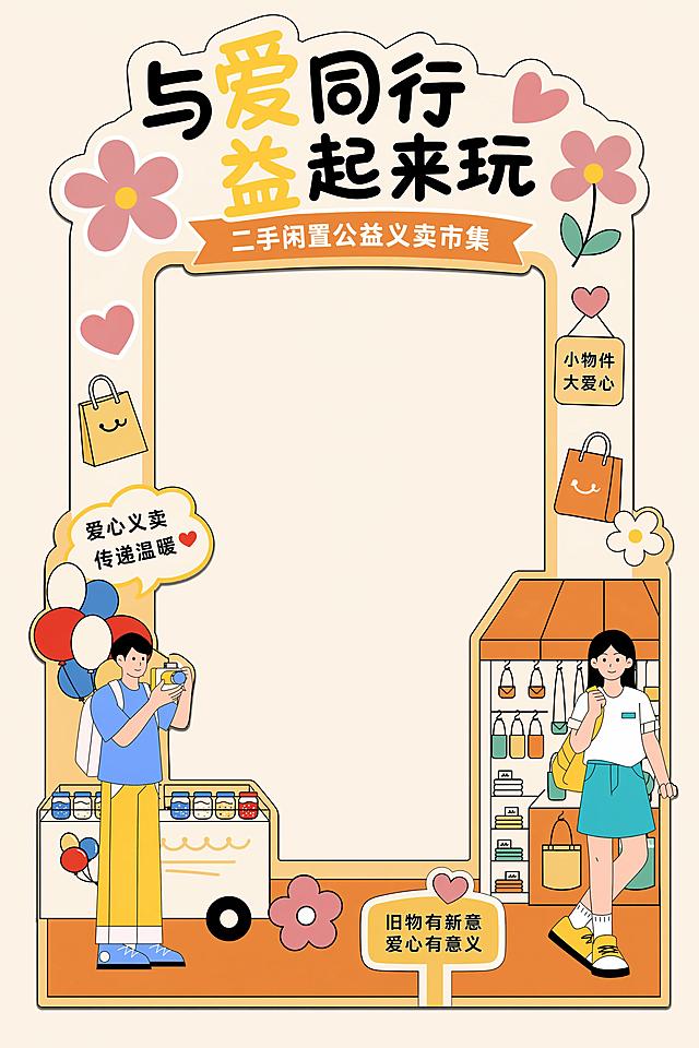 根据参考图生成公益义卖市集活动拍照框美陈设计，扁平插画风格，保持和参考图一致的配色暖橙米色调，拍照框为立式美陈，中间预留大尺寸拍照镂空区域，框体顶部写主标题："与爱同行 益起来玩"，下方标注"二手闲置公益义卖市集"，点缀粉色花朵和爱心装饰，整体活泼温暖，适合活动现场打卡拍照，竖版立式构图。