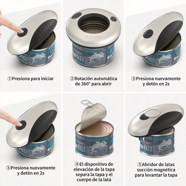 将图片中的英文全部替换为对应的西班牙语：
①Press to start → ①Presiona para iniciar
②Automatic 360° Rotation to Open → ②Ro预览效果