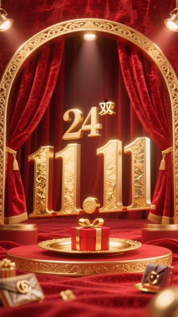 双 11 高端促销主视觉，深红色丝绒质感背景，24K 金箔烫印效果，精致的金色 "11.11" 数字采用衬线字体，立体浮雕效果，红色天鹅绒幕布优雅垂落，金色装饰边框带有精致的花纹雕刻，暖色调的舞台灯光预览效果