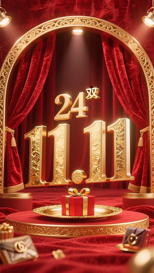 3D重拟物风格，鎏金浮雕数字“11.11”置于欧式宫廷舞台，红金配色尽显奢华喜庆，古典帷幕与礼盒烘托节日氛围。