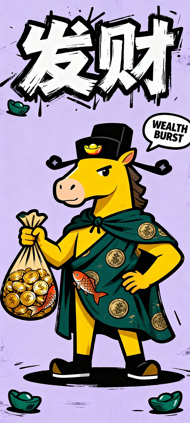 卡通潮酷手绘风格，Q 版 “马财神” 形象，整体为明黄主体，头戴嵌着小元宝的黑色中式乌纱帽，身披印满铜钱图案的墨绿披风，一只手拎着装满金豆的钱袋，另一只叉腰摆 “拽酷” 站姿；形象旁带对话框，框内写 “WEALTH BURST”；背景为纯浅紫，画面顶部用街头手写体写 “发财” 二字；画面角落点缀墨绿元宝装饰元素；整体线条粗犷有手绘质感，浅紫 + 明黄撞色复古又潮，结合锦鲤元素强化财运与好运双重属性。