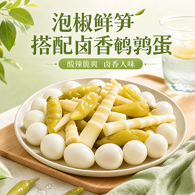 拼多多电商主图，尺寸1:1，画面干净整洁，参考图中的产品泡椒脆笋蛋，保留产品本体不变，更换和前九张不一样的场景，添加卖点文字"泡椒鲜笋搭配卤香鹌鹑蛋"，清新风格，突出产品，卖点清晰