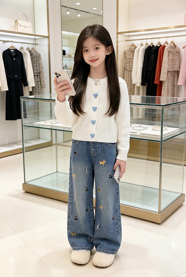 把图1的衣服和裤子给图的2的人物穿上，保留原场景光影，保持图2的人物的五官和发型不变，图片宽高尺寸不变，背景不变，鞋子不变，改变模特的姿势，保持图1的衣服和裤子的款式和颜色不变