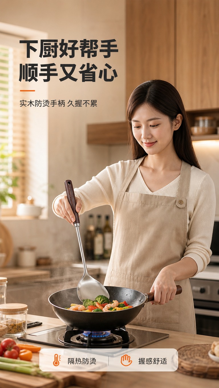 [商品] 使用【图1】304不锈钢木柄锅铲汤勺套装；保留产品结… - 图片创意预览