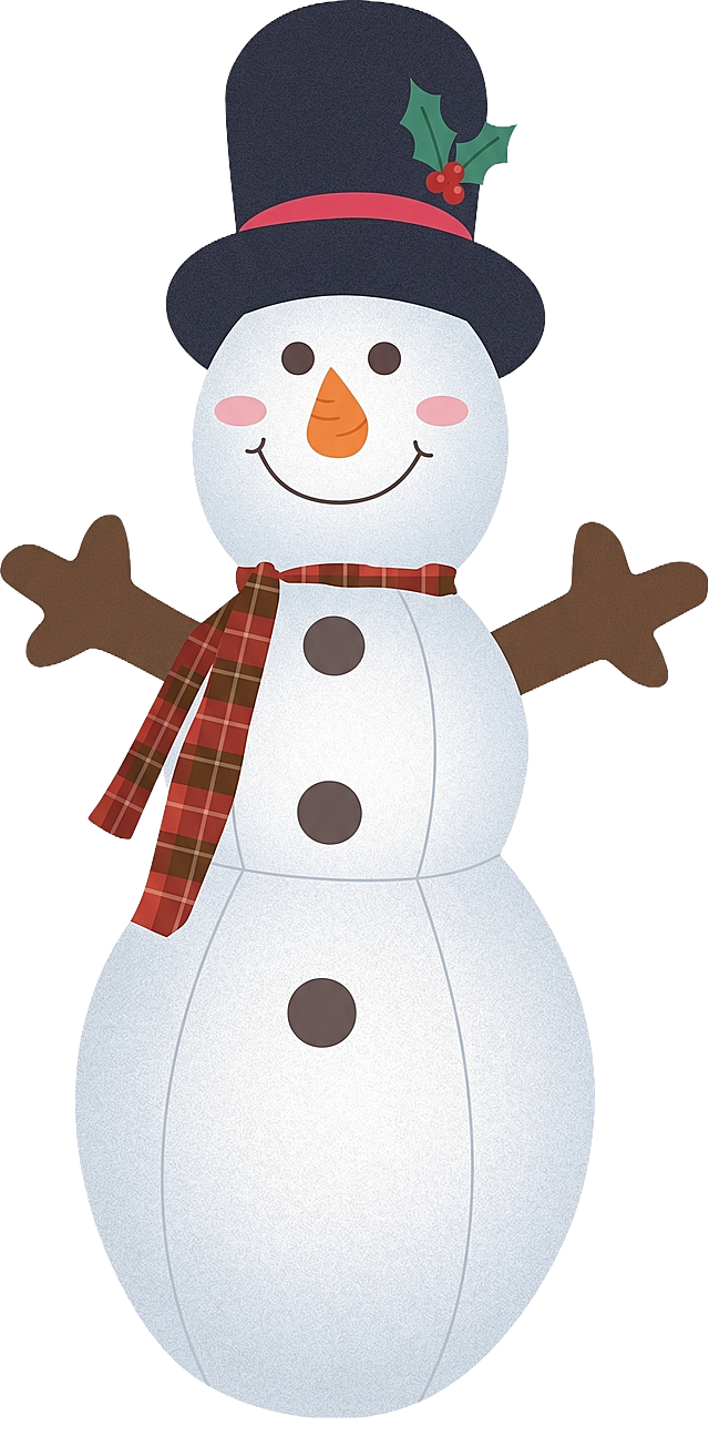 保持图片1整体造型不变，参考图片2画风，将图片1照片的雪人，变成平面卡通图案，保持图片1所有装饰细节不变