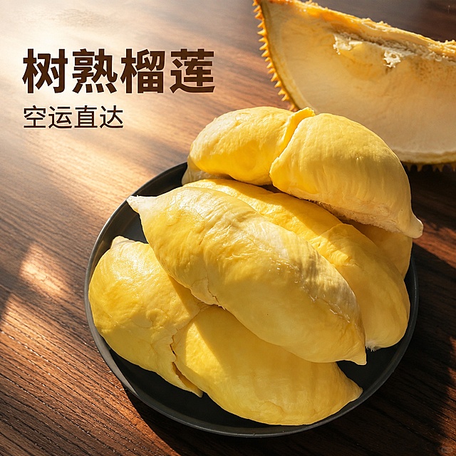 [主图-1] 榴莲果肉展示首图，突出食欲感和新鲜度。
[氛围风格] 自然温馨餐厅场景，饱满果肉诱人呈现，拼多多高性价比直观风格。
[画质] 商业摄影质感，光线柔和通透，产品清晰真实，画面干净高级，突出金黄果肉的细腻纹理。
[元素] 黑色圆盘盛放多块饱满榴莲果肉，放置在深胡桃木餐桌，左上角预留文案区域。保持榴莲果肉颜色纹理和整体外观与输入产品图绝对一致，杜绝任何变形和色差，精细化处理。商品主体占比严格控制在70%左右，画面满屏无边框。
[光影] 自然暖阳从侧面斜射，金色阳光照亮果肉，果肉呈现通透光泽，木质桌面形成自然阴影，光影层次丰富，通透不灰蒙。
[配色] 主色调为果肉金黄，辅色为深木棕和黑色盘，色彩温暖饱和，突出新鲜食欲感。
[视角构图] 俯视45度拍摄，果肉为绝对视觉中心，景深适中，轮廓完整不裁切。
[文字版式] 左上角负空间左对齐留安全边距，不遮挡主体。大字文案写“树熟榴莲”，深棕色最大号粗体无衬线；辅助短句写“空运直达”，约半高、同色系略浅，文字清晰对比强烈。
[输出要求] 1:1比例，文字清晰锐利，画面超高清商业摄影质感。
[负向提示词] 变形，文字错乱，产品图模糊，背景杂乱，水印，电商平台Logo。