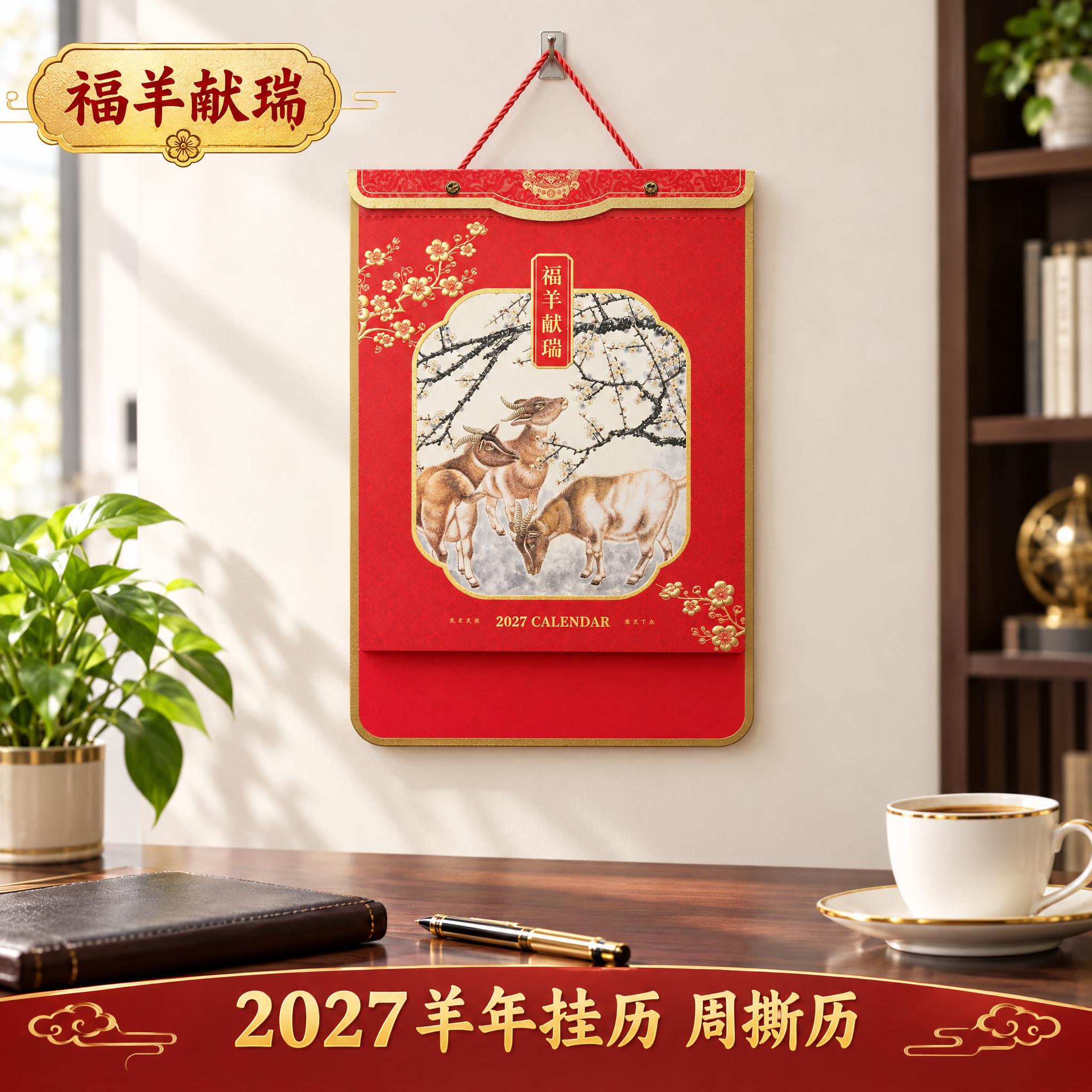 福羊献瑞2027年挂历淘宝主图第1张，主题：产品正面展示。高级… - 图片创意预览